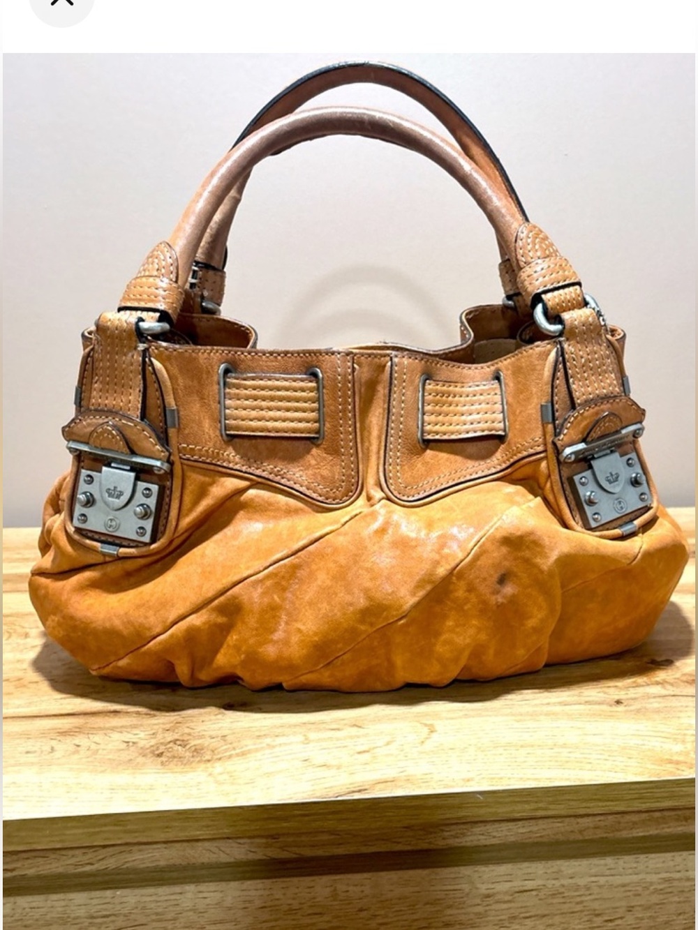 JUICY COUTURE VINTAGE LEATHER SHOULDER BAG TAN COGNAC WRINKLED LEATHER